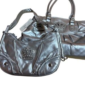 2 Silver Shoulder Bags, Metal Crown, JC Vibes, Faux Leather, Medium, Zip Top Nwt